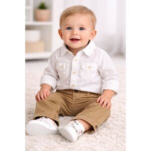 Baby Gap Boy's 6-12m Outfit White Top Khaki Brown Cargo Pants Safari 2 Piece Set
